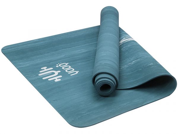 YOOQ tapis pure caoutchouc 100% naturel bleu marbré dessous antidérapant zoom logo yoga fitness