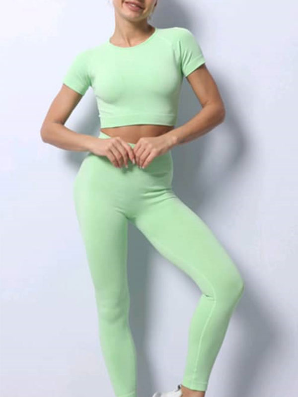 YOOQ tenues sport legging crop top manches courtes vert face yoga fitness
