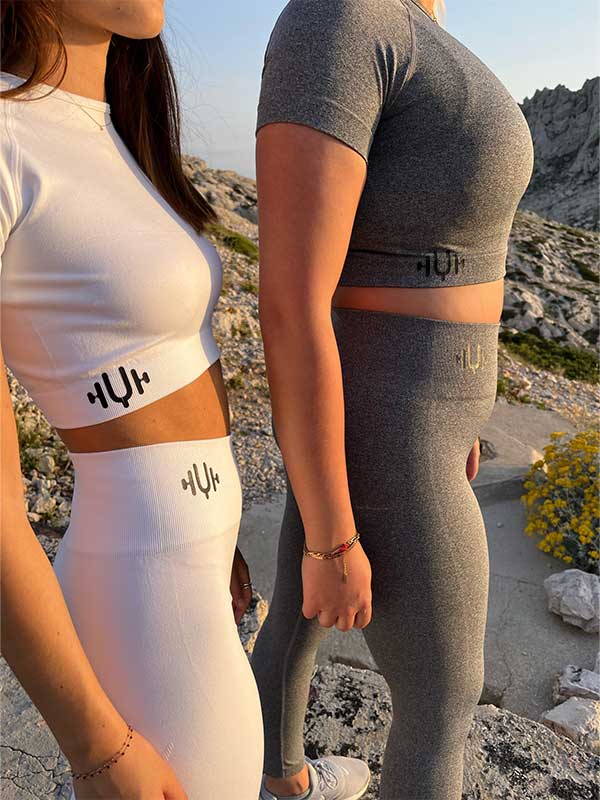 YOOQ tenues legging crop top manches courtes 2 modèles yoga fitness