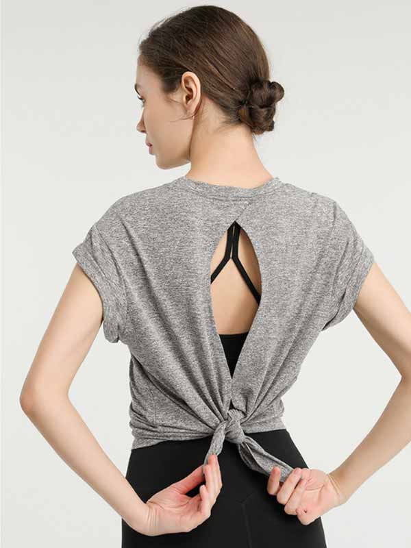 YOOQ tenues nouveau t-shirt évasé noeud zoom dos gris sport yoga fitness running mode