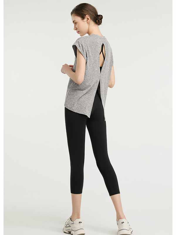 YOOQ tenues nouveau t-shirt évasé noeud dos gris sport yoga fitness running mode