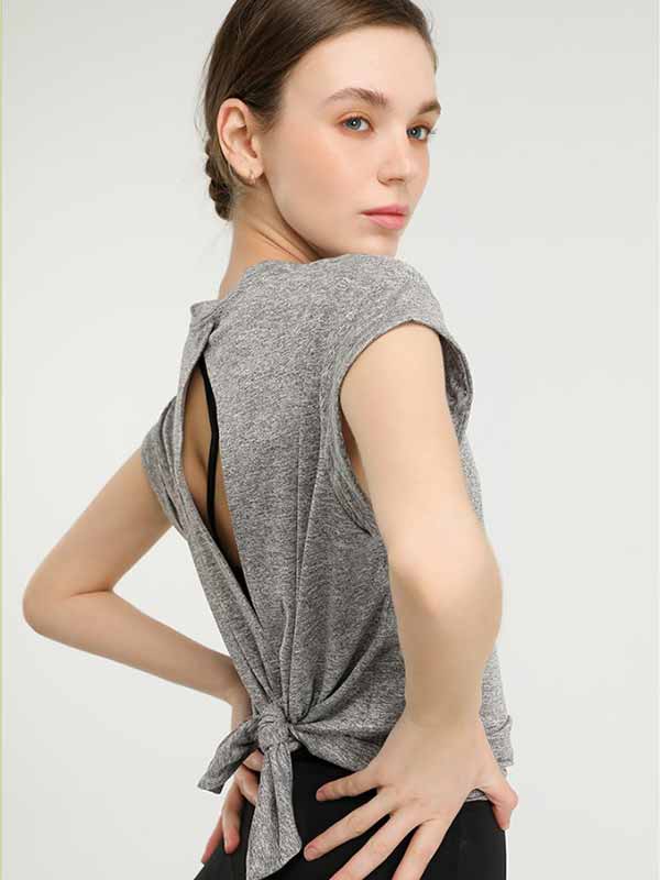YOOQ tenues nouveau t-shirt évasé noeud zoom profil gris sport yoga fitness running mode